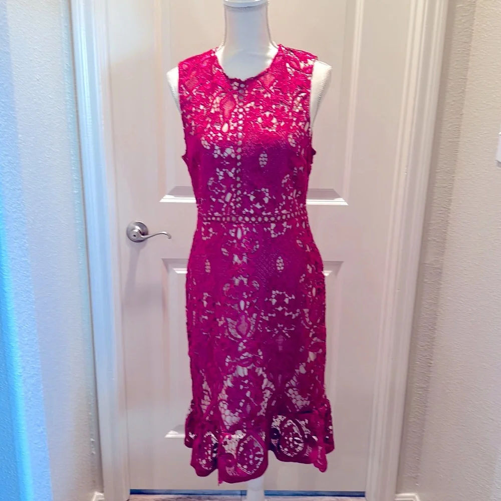 Women's Sleeveless Lace Floral -Cocktail. Knee Length for Party. Pink.Size L. - Picture 1 of 16